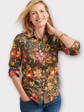Talbots Green Fall Floral Long Sleeve Button Down Shirt Size Medium
